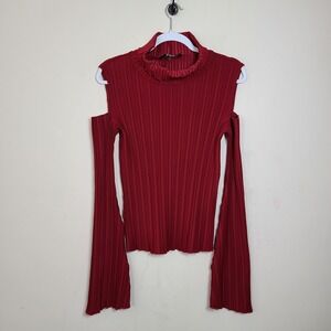 Red Pleated Cold Shoulder Women L Bell Sleeve Top Soft Whimsigoth Boho Victorian